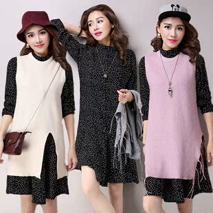 2016春装新款韩版套装裙圆点针织流苏毛衣背心两件套雪纺连衣裙女