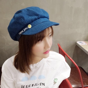 2016年夏季韩国牛仔布帽子女式报童帽刺绣八角帽笑脸画家帽鸭舌帽