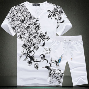 中国风夏季印花短袖t恤男士运动套装修身纯棉青年短裤男装潮大码