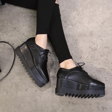 欧洲站2015春秋新款松糕鞋黑色厚底高跟单鞋系带坡跟方头时尚女鞋