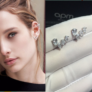 APM MONACO 2016新款 S925纯银闪钻混搭水滴耳钉时尚简约个性潮流
