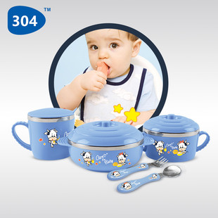 304婴儿童餐具套装不锈钢创意宝宝吃饭碗防摔保温勺叉带盖辅食碗