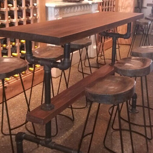北欧美式实木桌铁艺吧桌复古酒吧台吧台桌水管咖啡餐桌椅酒吧餐桌