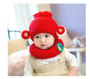 婴儿冬季新款公主妈妈婴儿童帽小猴子宝宝毛线帽子两件套装