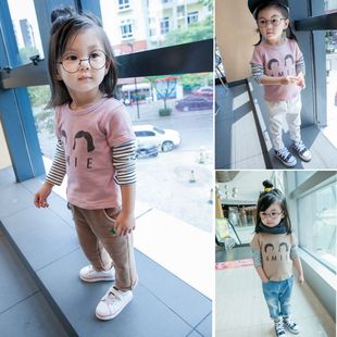 女小童2016春秋季新款纯棉T恤衫 1-2-3-4岁女宝宝拼接打底衫上衣