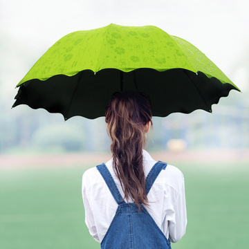 遇水开花晴雨伞折叠女防晒黑胶遮阳伞防紫外线两用小清新三折雨伞