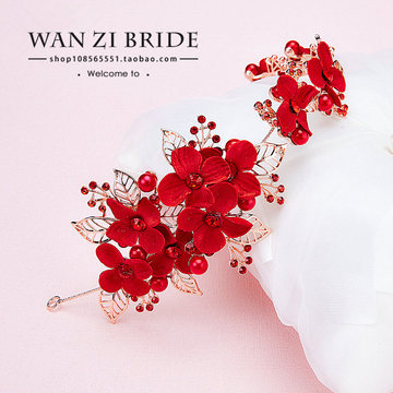 万紫新娘幽梦韩式新娘头饰红色发箍手工花朵头花结婚发饰礼服饰品