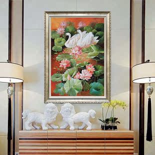 欧式风景花卉油画田园客厅挂画玄关走廊壁画美式有框装饰画天鹅湖