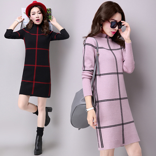 冬季韩版中长款格子毛衣女套头针织打底衫连衣裙半高领羊绒衫加厚