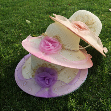 草帽夏天新款欧根纱蕾丝边大沿遮阳帽草帽大花朵海边沙滩太阳帽子