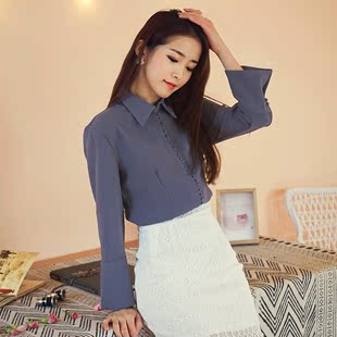2016韩版秋季新款衬衫 OL气质职业净色简单百搭修身衬衣上衣女装