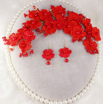 新娘红色头饰韩式手工头花盘发发饰品 韩国结婚红色花朵发梳发带