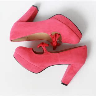 【吉吉屋】花锦。日系 通勤 亮红色蝴蝶结高跟鞋 婚鞋 女鞋单鞋