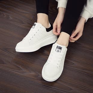 春季韩版潮小白鞋系带帆布鞋女白鞋 厚底坡跟经典百搭纯色帆布鞋