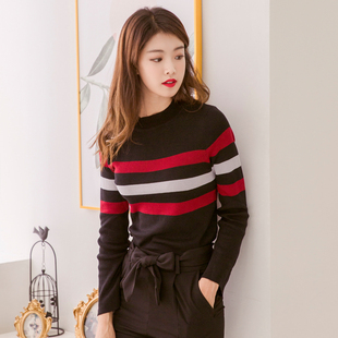 2016秋季韩版新款圆领条纹时尚针织衫套头宽松长袖百搭女打底衫女