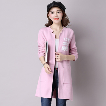 2016新款韩版女士针织开衫外套女中长款纯色印花开衫外塔上衣女潮