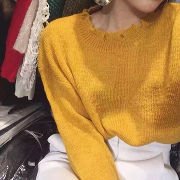 2016秋季新款韩版领口做破马海毛圆领套头纯色宽松显瘦针织毛衣