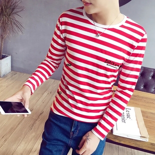 秋季韩版男士圆领条纹长袖T恤青少年日系打底衫学生上衣薄款体恤