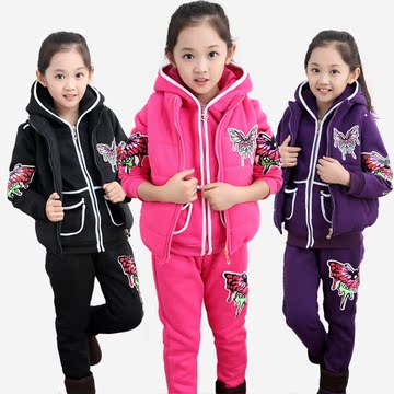 童装女童冬装2016新款卫衣加绒加厚棉服三件套儿童中大童韩版衣服