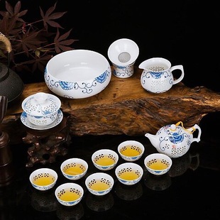 家用办公室一体玲珑经典茶具套装整套组件物价包邮青瓷盖碗茶礼品