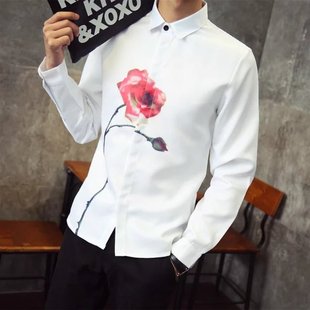 青少年长袖衬衫薄款型男潮流青年印花男士2016春修身韩版学生衬衣