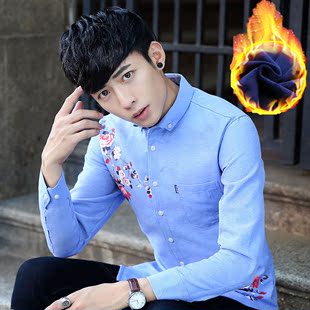 男士加绒加厚长袖休闲牛津纺保暖衬衫男青年韩版修身型印花衬衣冬