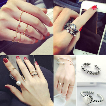 韩版时尚复古水钻珍珠戒指饰品气质多件套三件套女士指环