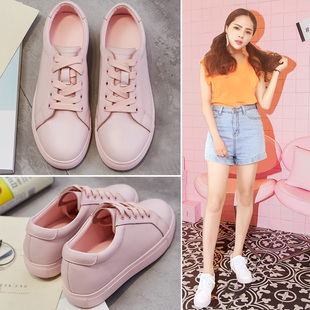 2016夏季韩版粉色真皮透气运动鞋跑步鞋学生休闲鞋平底单鞋女板鞋