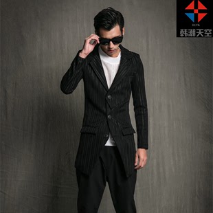 潮男发型师加厚条纹长袖西装 个性时尚青年韩版修身中长单西外套