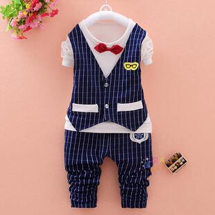 男童小西装套装韩版新款男宝宝礼服假两件格子马甲套装1-2-3-4岁