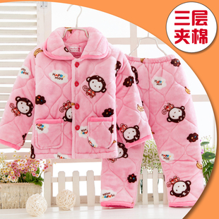 冬季儿童睡衣法兰绒三层夹棉加厚款保暖套装男童女孩珊瑚绒家居服