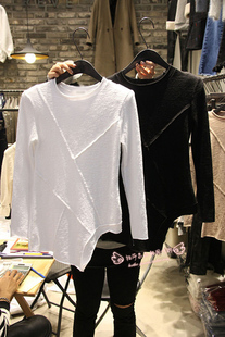 韩国正品东大门进口代购 2016秋季新款女装圆领纯色不规则长袖T恤