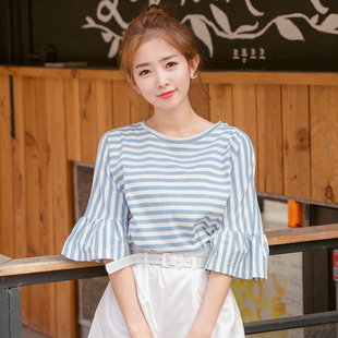 2016韩版新款小清新撞色条纹荷叶边喇叭袖t恤纯棉五分袖上衣女